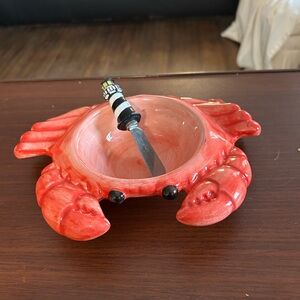 Vintage Boston warehouse 2004 Red Crab-Shaped Bowl with Knife. 8 1/2“ x 7“.